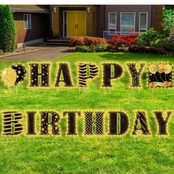 19 Piece Black Gold Happy Birthday Yard Sign With Stakes And Balloons