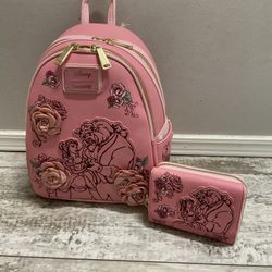 NWT Loungefly Beauty And The Beast Rose Backpack And Wallet