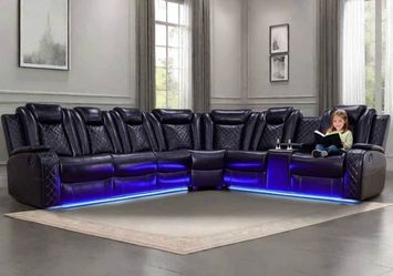 Power electric black leather fully reclining sectional couch