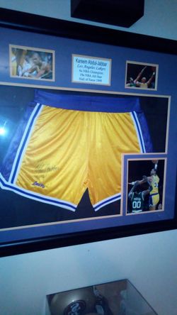 Rare hand sighed professional framed Kareem Abdul jabbar game Short's with stats and certificate of authenticity