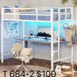 Twin Loft Bed with LED Lights, Loft Bed LED Twin Size with Full-Length Guardrail &Clothes Rack(684-2)