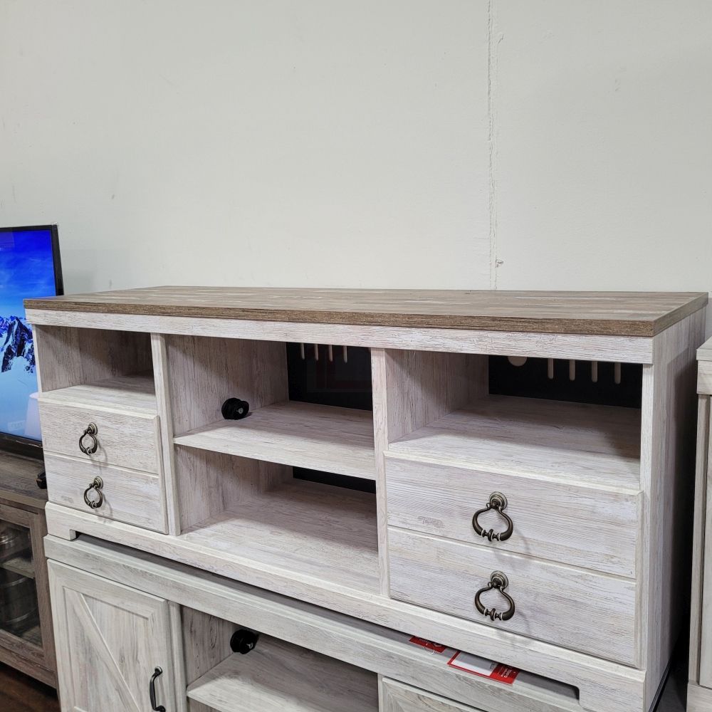 NEW EXTRA LARGE TV STAND W/ FIREPLACE OPTION WHITE WASH COLOR || SKU#ASHW267-68TC