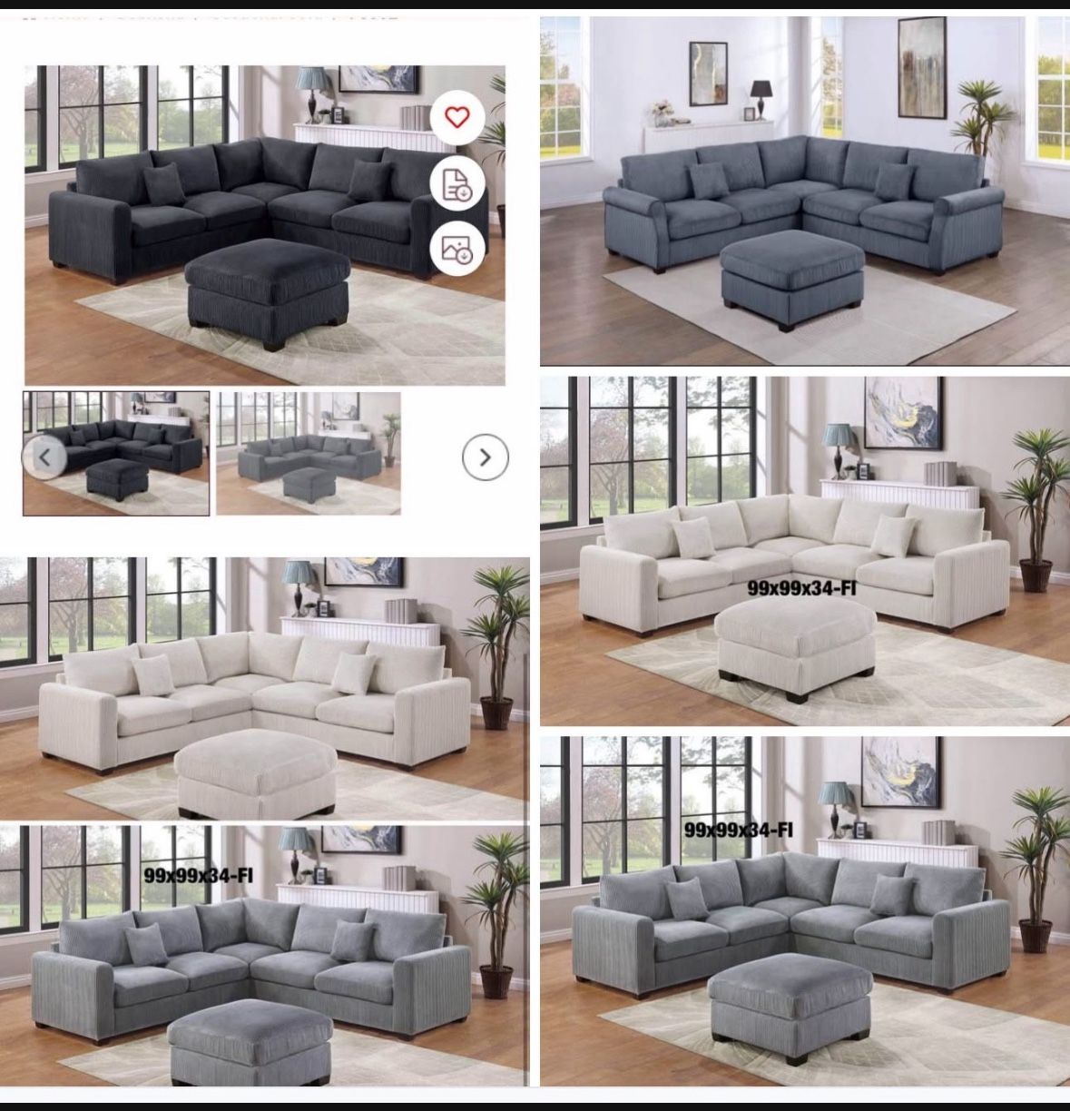 3Pc Sectional Set 99"X99" Available I Ivory,Gray, dark gray,black,brown,green,Corduroy
