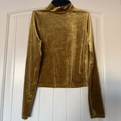 Mustard Gold Velvet High-Neck Long Sleeve Top with Keyhole Back – Soft Stretch, Luxe Finish - Small