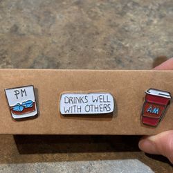 Drinks well with others Am and PM pins. 