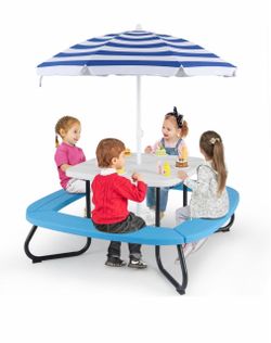 8-Person Kids Picnic Table, Toddler Activity Table with Removable Umbrella, 4 Built-in Benches, Kids Outdoor Table for Patio Garden Backyard (White+Bl