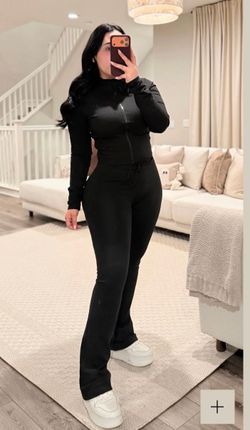 Black Zip-Up Cropped Jacket and Flare Pants Set