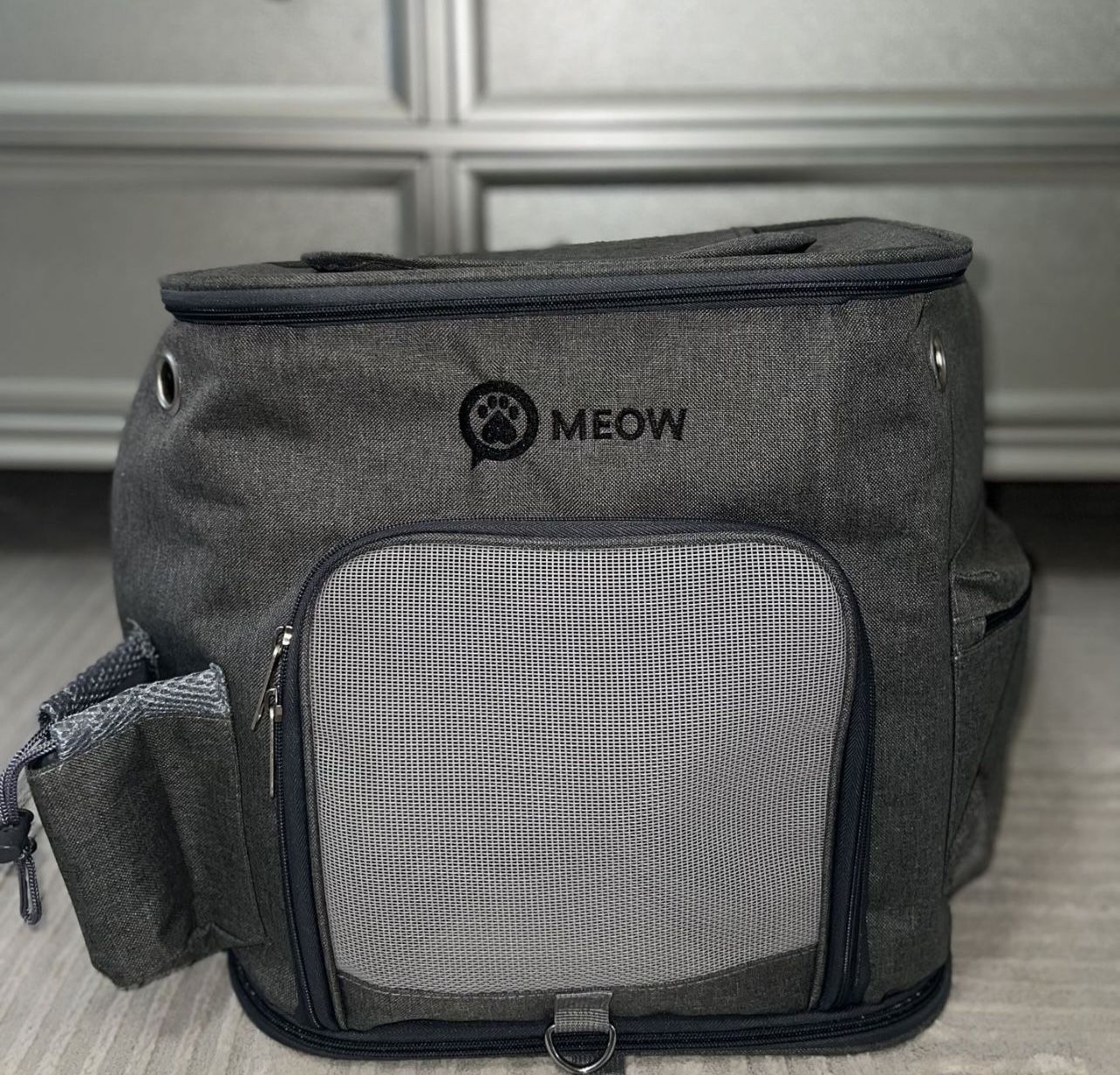 Sitters Light Grey Pet Backpack for Small Dogs, Cats with Scratch Resistant Breathable Mesh Windows, Airline Carry-On Approved, Cup Holders, Pockets, 