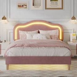 New Pink Queen Size Velvet Upholstered Bed Frame w/ RGB LED Lighting