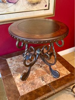 Round Wood Top Wrought Iron Accent Table
