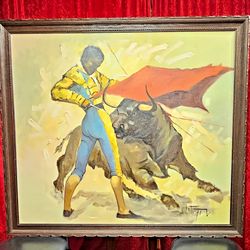 HUGE 1970's Oil Painting of a Bull Fighter Matador - Heavy Texturing 61" x 55"