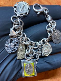 Vintage 925 Sterling Silver Bracelet Made in Italy with 7 Antique Religious Medals