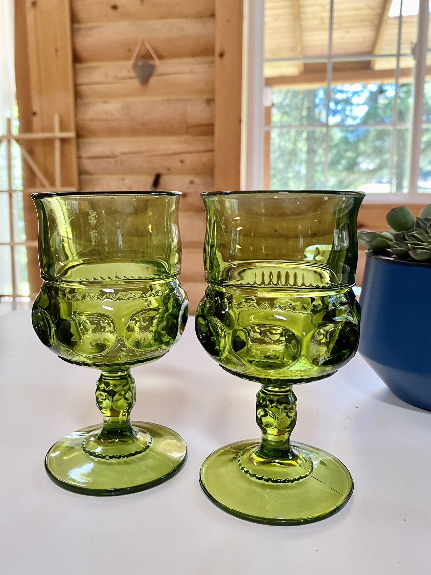 2 Vintage Indiana Glass Kings Crown Avocado Goblets