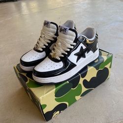 A Bathing Ape Black & White Leather Bapesta Shoes