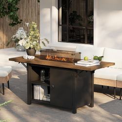 55" Propane Fire Pit Table,50000btu Gas Fire Pit Table with Brown Windshield & Lava Rock,2 in 1 Foldable Expansion Table Fire Pit with CSA Certificati