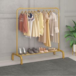 JIUYOTREE Metal 43.3 Inches Garment Rack with Bottom Shelf Gold