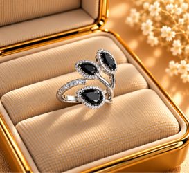 Silver Ring with Black Stones and Crystal Halo