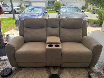 🤎 Beige Reclining Loveseat with Cup Holders & Storage – $250