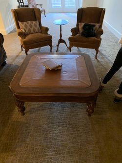 Real Leather Top Wood Coffee Table