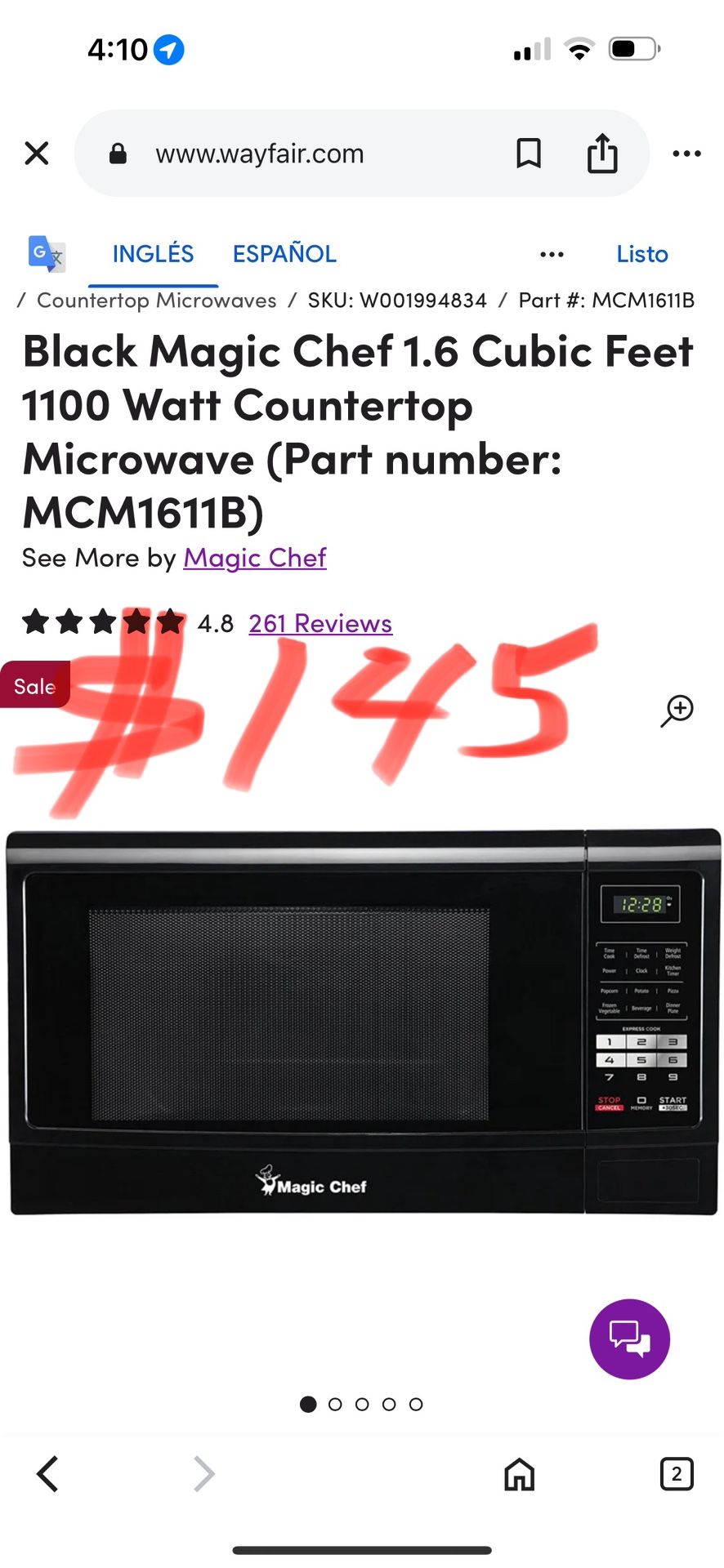Black Magic Chef 1.6 Cubic Feet 1100 Watt Countertop Microwave (