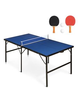 mid-size, portable blue ping pong table features a foldable design for compact storage and adjustable feet for leveling on uneven surfaces.