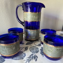 Vintage Cobalt Blue Pitcher and Glass Set