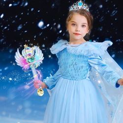 Light Up Snowflake Wand with Spinning LEDs and Sound Magic Princess Toys for Kids Girls Birthday Cosplay Party Favors, Blue