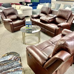 New In The Box 📦 Brown Leather Living Room Sofa Set 3pc - Delivery Available 