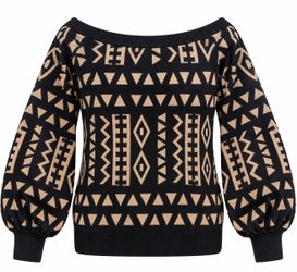 D’IYANU Hiba Womens Large Black Tan African Print Off Shoulder Sweater Tribal