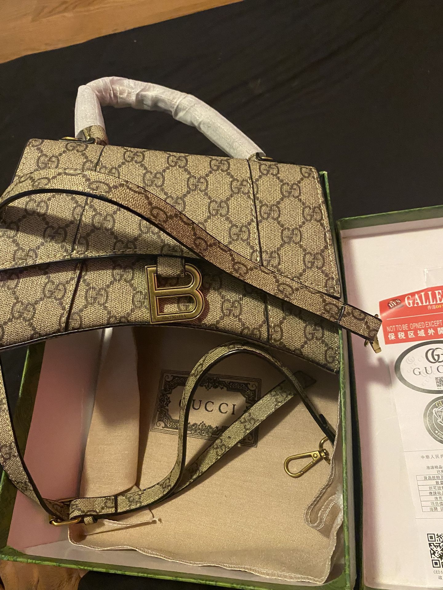 BALENCIAGA X GUCCI GG Supreme Monogram Small Hourglass Top Handle Bag Beige Ebony