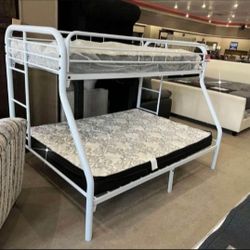 🏎️ New🏎️$20 Down Payment Finance 🏎️Opal White Twin Full Bunk Bed 