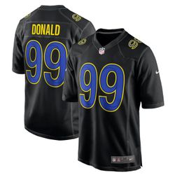 This is a Nike Aaron Donald Los Angeles Rams black Super Bowl LVI game fashion jersey