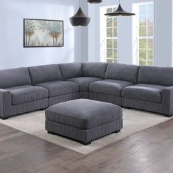Brand New Super Plush Grey Corduroy Modular Sectional Sofa W Ottoman
