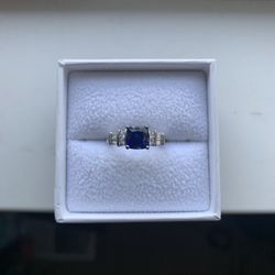 925 Sterling Silver Lab Created Blue And White Sapphire Ring Size 5