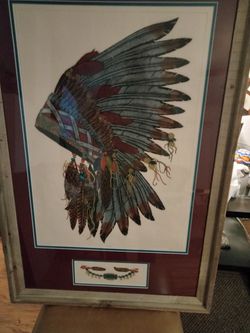INCREDIBLE DAN MITRA EAGLE FEATHER CHIEF HEADDRESS HAND COLORED ENGRAVING DOUBLE MATTED WITH INSERT IN RUSTIC FRAME SIGNED NUMBERED AND TITLED