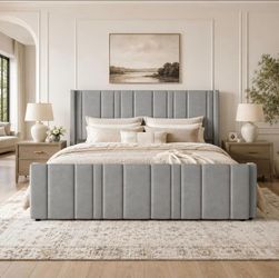 King Size Bed Frame with velvet Headboard, Tufted Wingback, Grey
47'' Modern Vertical Channel Headboard, Upholstered Platform Bed, No Box Spring Neede