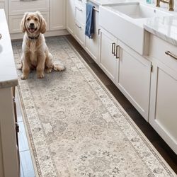 Hallway Washable Runner Rug - 2x7 Kitchen Rugs Entryway Rug Runner Vintage Soft Floor Mat Non Slip Indoor Farmhouse Carpet for Bathroom Living Room Be