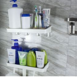 Shower Caddy Shelf Basket with 8 Hooks Wall Mounted Shower Organizer Bathroom Caddy for Toilet Kitchen Bathroom Adhesive No Drilling - 2 Pack (White)