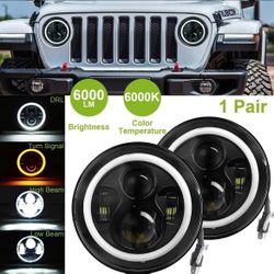 Pair 7 inch LED Headlights For Jeep Mazda Miata MX5 MX-5 Halo Angel Eye