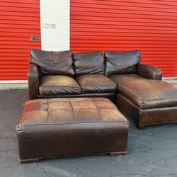 Zagaroli Classics Brown Leather Chaise Sectional Sofa w/ Ottoman - Free Curbside Delivery 
