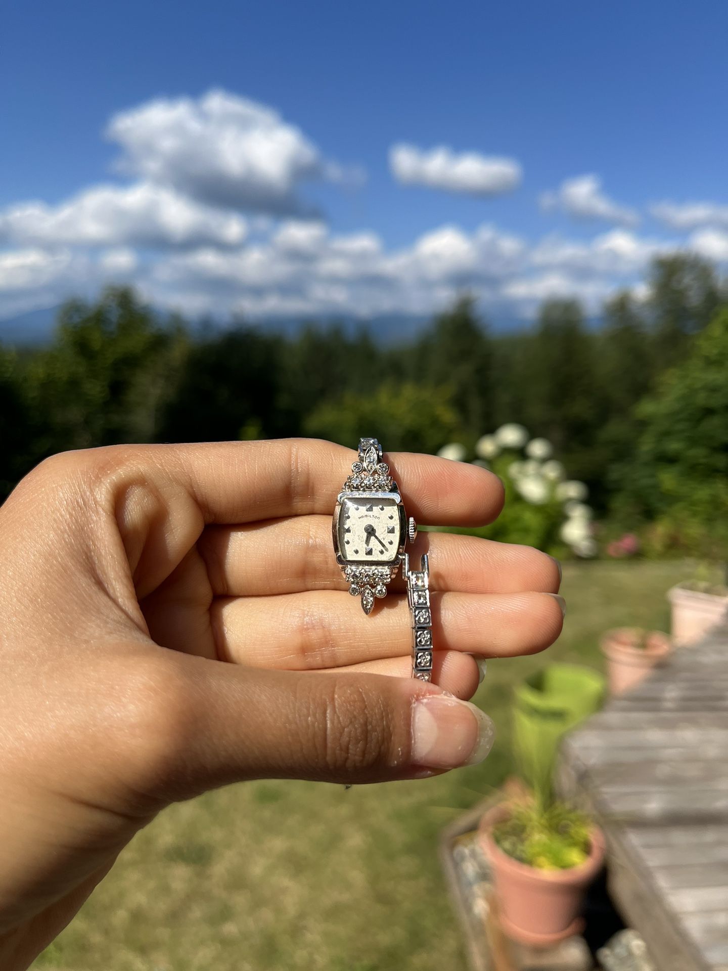 Vintage Women’s 14k White Gold Diamond Deco Hamilton Cocktail Watch