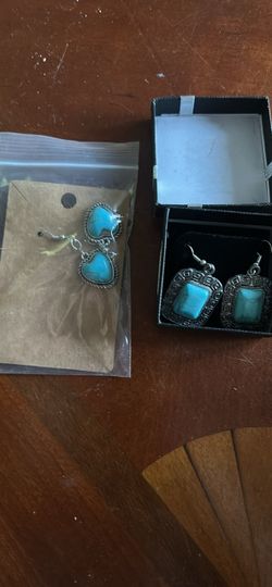 Turquoise Stone Silver-Tone Earrings Set of 2