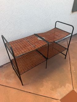 Vintage folding metal and rattan shelf