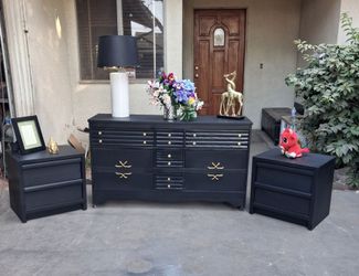 9 Drawer Solid Wood Dresser with Pair of 2 Drawer Nightstands- Black with Gold