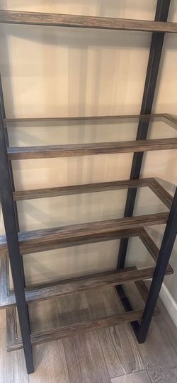 Wood and glass shelf bookcase approx. 8’ tall