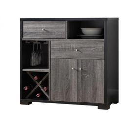 Wine Bar Cabinet and Glass Free Standing Wine Rack 31"L x 16"W x 30.5"H - Distressed Grey