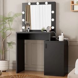 Black Vanity Desk with Mirror and Lights, Makeup Desk with Storage Cabinet, Small Vanity Table for Bedroom
