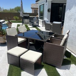 Outdoor 9 Piece Table With Chairs & Ottomans