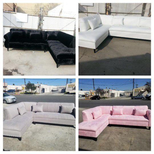 NEW 7X9FT SECTIONAL CHAISE , Velvet BLACK, VELVET  Pink FABRIC, Light GREY FABRIC, And White LEATHER SECTIONAL CHAISE Sofa 