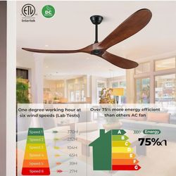 Boosant 60” Ceiling Fan W/ Remote Control. Solid Wood Blades. Dark Walnut. New In Box.